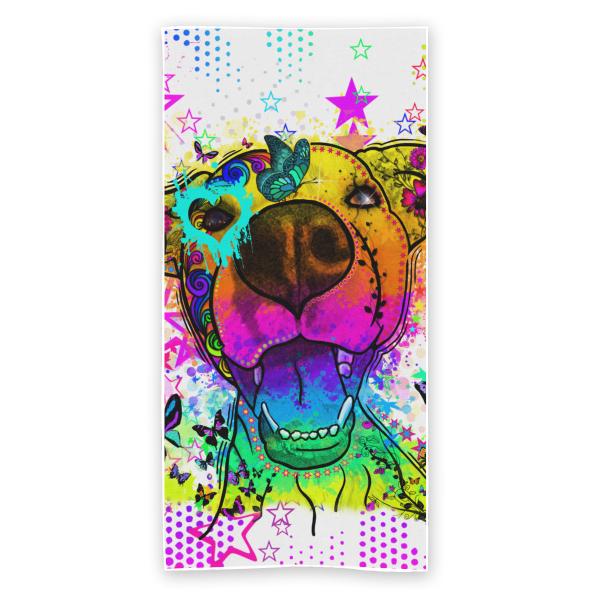 Strandtuch, Badetuch, Saunatuch mit buntem Hundemotiv in digitaler Popart mit Hunde Motiv Hazel